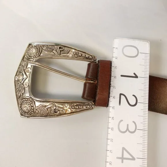 Womens Full Grain Leather Brown Western Cowgirl Rodeo Belt 32 Brass Boho Studded - Picture 5 of 7